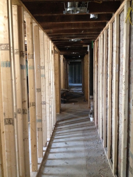 A view down a hallway in the basement. The various rooms will include a laundry room, storage, 2 hostel rooms and 2 bathrooms.