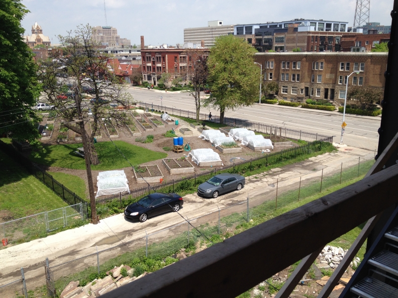 From the 5th floor and looking northeast. Below is the North Cass Community Garden.