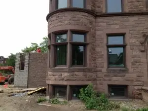 The elevator tower as seen from the front of the building.