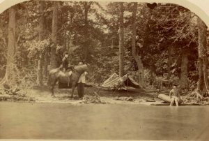 Mrs. Alexandrine Willis, on horseback, with son, Albert Campau, Belle Isle, 1866