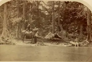 Mrs. Alexandrine Willis, on horseback, with son, Albert Campau, Belle Isle, 1866