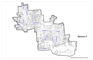 A map of Detroit City Council District 5, which contains the El Moore and the Green Garage.