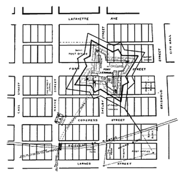 The boundaries of Fort Shelby superimposed over present day streets in downtown Detroit.