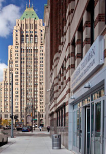 The Taubman Center for Design extension of the College for Creative Studies is located in an Albert Kahn building. You can see the Fisher Building in the background, another Albert Kahn building.