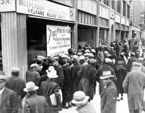 Welfare lines during the Great Depression in Detroit.